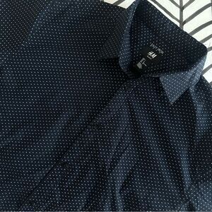 H&M Size L Slim Fit Navy Polka Dot Long Sleeve Button Down Dress Shirt